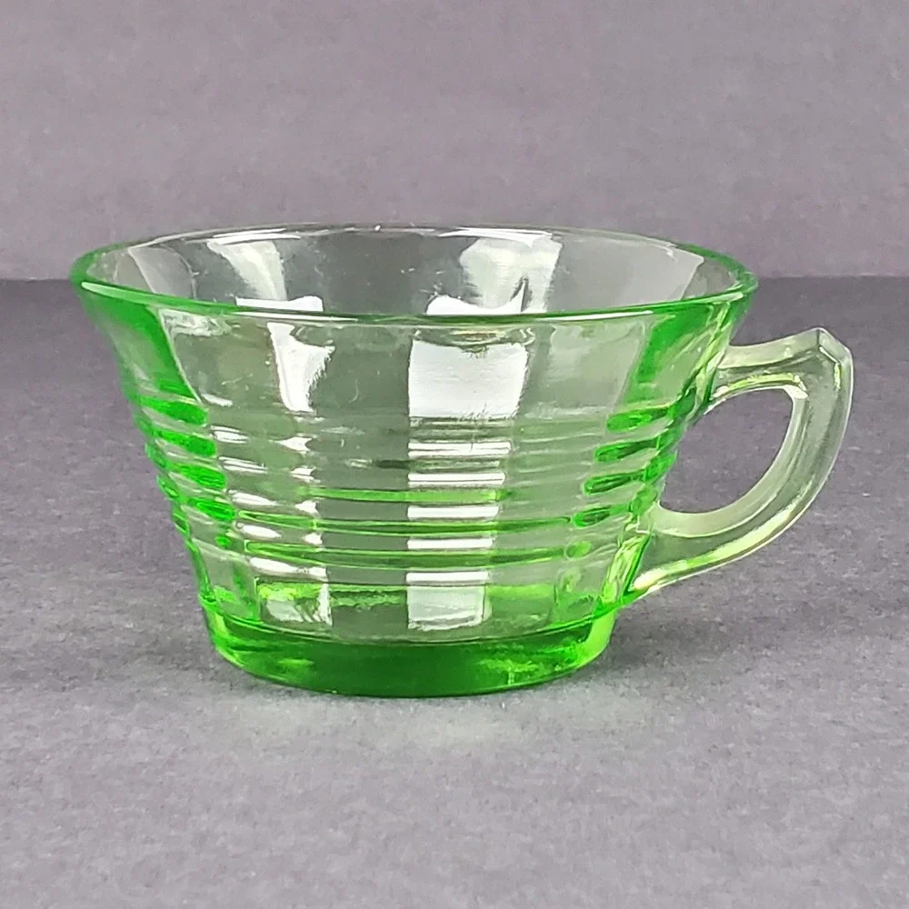 Vintage Green Uranium Glass Ribbed Teacup Vaseline Depression Glass Glows UV
